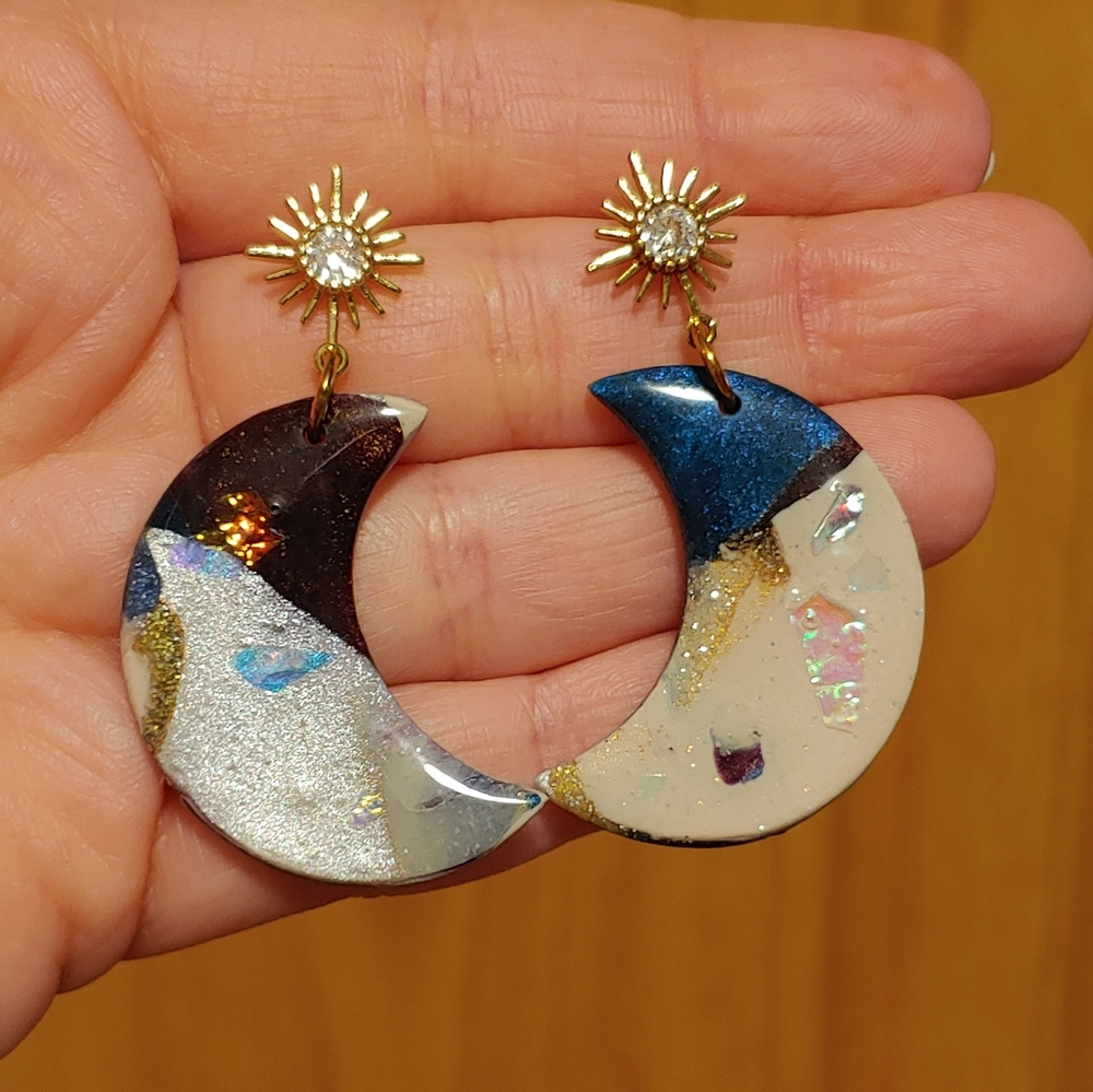 Handmade Polymer Clay Sparkle Holographic Moon Earrings
